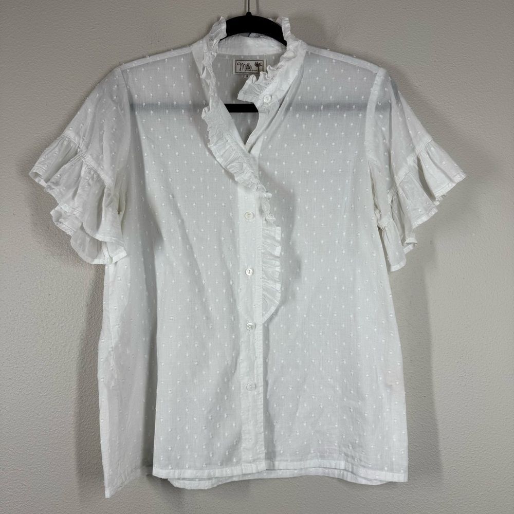 Mille Resort & Travel Vanessa Ruffle Blouse Top White Button Down Size Small